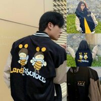 Áo Khoác Nhung Kaki Unisex Hình Con Ông Màu Đen Kiểu Bomber Hàn Quốc -Nam Nữ Cặp Đôi Siêu Cute Mùa Thu Đông - freesize - ĐEN