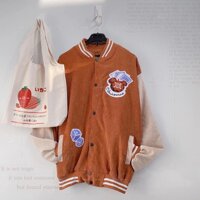 Áo Khoác Nhung NAM NỮ Cao Cấp Hàng QUẢNG CHÂU Bomber Jackets Form Rộng Unisex Thêu UCNEW - Nâu
