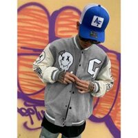 Áo Khóac nhung thêu Jacket Varsity Graffiti V3 shopanamy - xám