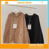 Áo Khoác Nhung THIFU FASHION Nhung Gân Mềm Mịn Tay Phồng, Mặt Lưng Trơn Dây Kéo Khoen Tròn