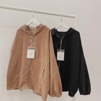 Áo Khoác Nhung THIFU FASHION Nhung Gân Mềm Mịn Tay Phồng, Mặt Lưng Trơn Dây Kéo Khoen Tròn - NÂU