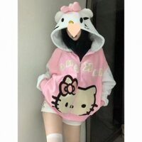 Áo Khoác Nỉ 3d Nữ Có Nón Phối Khóa Kéo Họa Tiết Mèo Kitty Dễ Thương