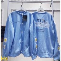 Áo khoác nỉ cadigan hoa cúc cao cấp chất nỉ cotton cao cấp - xanh