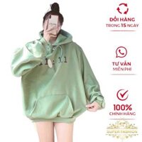 Áo Khoác Nỉ chui Đầu Nữ in Giờ Nón Lướn Trùm Đầu Form Rộng Che Nắng Tốt Thời Trang FASHION - xanh bơ - XL