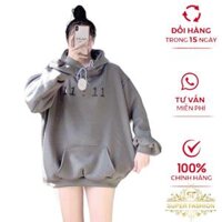 Áo Khoác Nỉ chui Đầu Nữ in Giờ Nón Lướn Trùm Đầu Form Rộng Che Nắng Tốt Thời Trang FASHION - xám - M