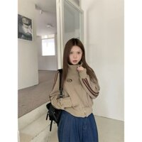 Áo Khoác Nỉ Cổ Đứng Kiểu Mỹ Cổ Điển Áo Khoác Nữ Dây Kéo Thể Thao Rộng Rãi Cổ Điển Thường Ngày Người
