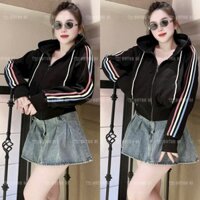 Áo Khoác Nỉ Croptop Nữ Phối Tay Sọc 3 Màu Có Nón Chống Nắng