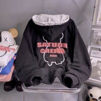 Áo Khoác Nỉ Gấu SATUDR OREAN AGE Cặp Nam Nữ Siêu Xinh - Hoodie Có Dây Kéo Nón 2 Lớp Kiểu Rộng Unisex -Chống Nắng - Đen - size L