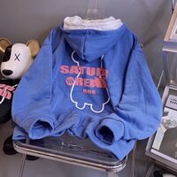 Áo Khoác Nỉ Gấu SATUDR OREAN AGE Cặp Nam Nữ Siêu Xinh - Hoodie Có Dây Kéo Nón 2 Lớp Kiểu Rộng Unisex -Chống Nắng - xanh dương - M