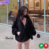Áo khoác nỉ Hoodie Dây Kéo KHÓA TRÒN Ulzzang form rộng Unisex bông 2 lớp Guvia - Đen