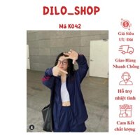 Áo Khoác Nỉ Nam Nữ Dáng Rộng Màu Xanh Than Unisex Tay Phối Sọc Đỏ-K042