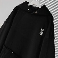 Áo khoác nỉ nam nữ tai thỏ đen nâu xám đất form rộng bo gấu tay phồng túi lạ có nón nút bấm kiểu hàn quốc - Đen - M