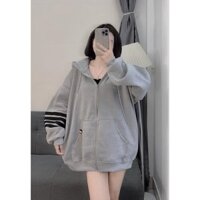 Áo khoác nỉ nam nữ tay kẻ sọc đen trắng mũ siêu to có dây rút siêu ấm áp thời trang trẻ trung hàn quốc