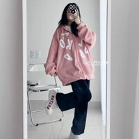 Áo khoác nỉ ngoại có nón dây kéo in chữ cái unisex ulzzang nam nữ - Hồng - <65kg
