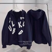 Áo khoác nỉ ngoại có nón dây kéo in chữ cái unisex ulzzang nam nữ - Đen - <65kg