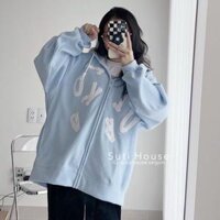 Áo khoác nỉ ngoại có nón dây kéo in chữ cái unisex ulzzang nam nữ - Xanh da trời - <65kg