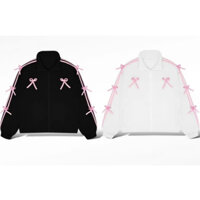 Áo Khoác Nỉ nữ Cổ Bẻ Có Khoá 3 Sọc Hồng đính Nơ Chất Nỉ Tàu cực dày dặn ấm áp hot trend tp07