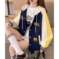 Áo Khoác Nỉ Nữ Form Rộng Có Nón Phối Nút Bấm Thiết Kế Tay 3 Sọc Thêu M Ở Áo