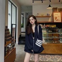 Áo khoác nỉ nữ họa tiết tay chạy sọc 2 màu xám đen - Đen - L