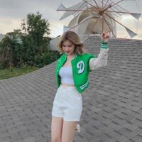 Áo khoác nỉ nữ kiểu dáng bomber croptop thêu chữ D sịn sò cực đẹp - XANH LÁ NHẠT - SIZE L