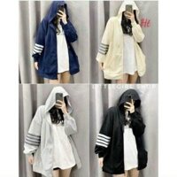 Áo khoác nỉ nữ sọc ngang tay form rộng kiểu hoodie full zip kéo mẫu áo khoác thể thao nhiều màu thời trang thu dông - Xanh - L duoi 68kg