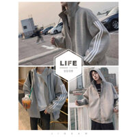 Áo Khoác Nỉ Thể Thao Cổ Cao 3 Sọc Mũ Trùm