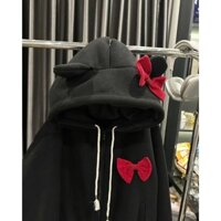 Áo khoác nỉ Unisex, hoodie tai gấu nơ nỉ lót lông cừu siêu dày form rộng cực dễ thương.