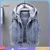 Áo khoác nữ CC có mũ trùm đầu Áo khoác Denim không tay sành điệu có mũ trùm đầu có túi cho nữ Hoàn hảo để mặc và mùa xuân / mùa thu Thiết kế áo ghi lê dây rút hợp thời trang