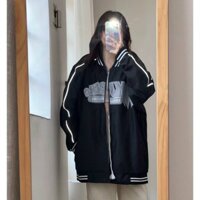 Áo khoác nữ chất dù 2 lớp in chữ phối sọc tay MUDENG  - Đen - XL