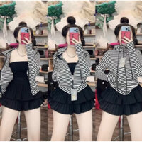 Áo Khoác Nữ Chống Nắng Vải Thun Gân 6 Túi Mềm Mịn Mát, Túi Có Dây Kéo, áo khoác sọc ngang