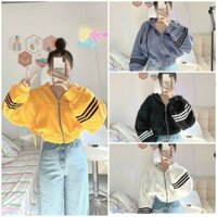 Áo Khoác Nữ Croptop Bomber Vải Nỉ Ngoại Bo Sọc Tay - Kiểu Lửng Siêu Xinh - Chống Nắng - FREE SIZE - Trắng