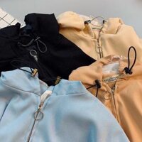 Áo Khoác Nữ da lộn vải 2 lớp dày mịn form Rộng Tay Phồng Basic Có Dây Kéo Mũ thich hơp đi hoc đi chơi NHIỀU MÀU  - Nâu - freesize dưới 65kg