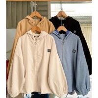 Áo Khoác Nữ da lộn vải 2 lớp dày mịn form Rộng Tay Phồng Basic Có Dây Kéo Mũ thich hơp đi hoc đi chơi NHIỀU MÀU  - Be - freesize dưới 65kg