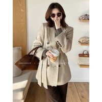 Áo khoác nữ dáng dài chất liệu len cashmere hai mặt màu yến mạch, mùa đông, thắt đai eo, tôn dáng.