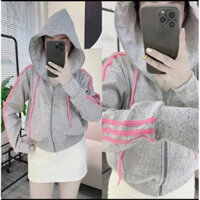 Áo khoác nữ dày dặn có nón màu xám đốm sọc hồng