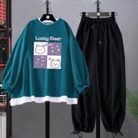 Áo khoác nữ form rộng mặc đi học đi chơi [ Áo sweater ] kèm quần boom in hình 4 ô vuông gấu lucky bear