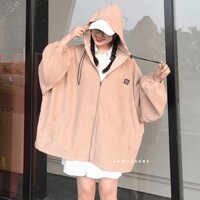 Áo Khoác Nữ IMVELY da lộn vải 2 lớp dày mịn form Rộng Tay Phồng Basic Có Dây Kéo Mũ thích hợp đi học đi chơi