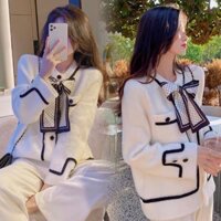 Áo khoác nữ len cadigan lông thỏ dài tay cổ tròn phối nơ cổ đính khuy cườm dày dặn màu đen/trắng