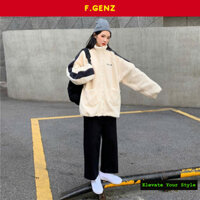 Áo khoác nữ len nhung dáng rộng F.GENZ tay dài cổ đứng thêu chữ phối tay kẻ 2 túi xu hướng hot trend thu đông 2024