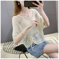 Áo khoác nữ mới mùa xuân hè cổ tròn có dây rút, áo khoác mỏng, tay áo cánh dơi, áo khoác ngoài kẻ caro ZDLY