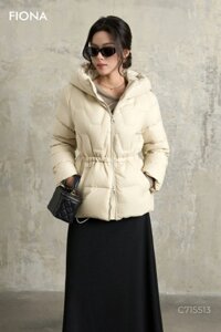 Áo khoác phao lông vũ dáng suông, dây rút eo, có mũ