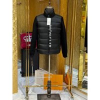 Áo khoác phao Moncler Đen logo chữ Trắng dọc khóa phối tay len LA CD