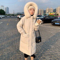 Áo khoác phao nữ mũ lông khuy gỗ dáng dài