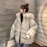 Áo khoác phao nữ unisex mũ viền lông mềm mượt dáng ngắn trần bông 3 lớp , Áo khoác phao phong cách hàn quốc dày dặn mịn