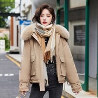 Áo khoác phao parka nữ lót lông cổ lông không mũ dáng ngắn