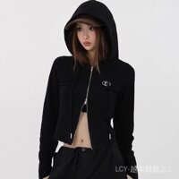 Áo khoác retro phong cách Y2K cho nữ, áo khoác ngắn có mũ màu đen, áo khoác cardigan mỏng, phong cách Mỹ mùa thu 2025, áo ôm vừa vặn cho hot girl