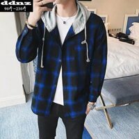 áo khoác sơ mi caro nam nữ, Áo khoác sơ mi caro tay dài thời trang phong cách Hàn Quốc cho nam - màu xanh - free size