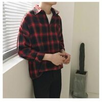 Áo khoác sơ mi caro nam nữ, Áo khoác sơ mi caro dài tay nam nữ - đỏ size m