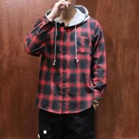 Áo khoác sơ mi caro nam nữ có nón - màu đỏ