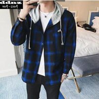 Áo khoác sơ mi caro nam nữ có nón - màu xanh đen